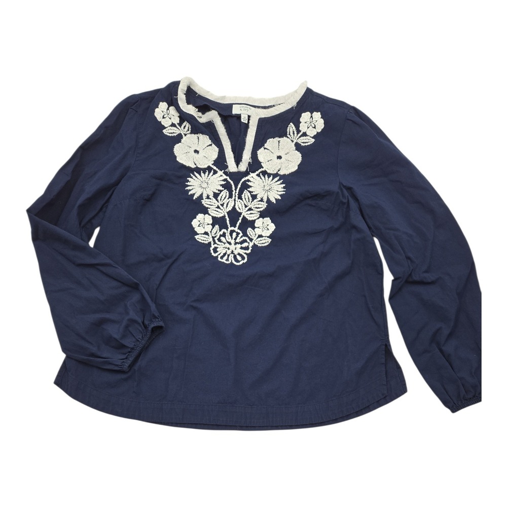 Crown & Ivy Navy Blue Embroidered Floral V Neck Long Sleeve Tunic Top XS Chic